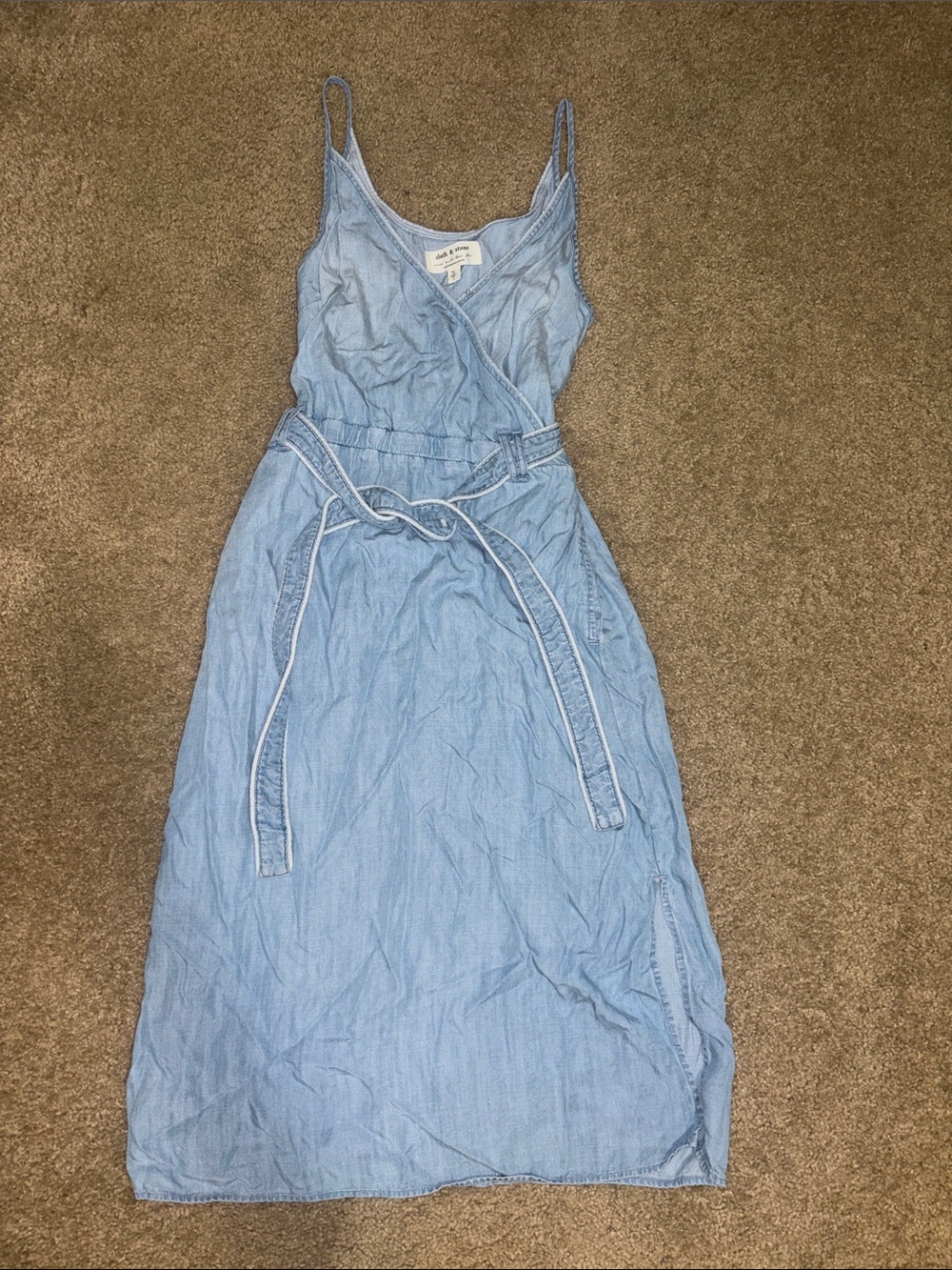 Light Blue Denim Wrap Midi Dress with Tie Waist